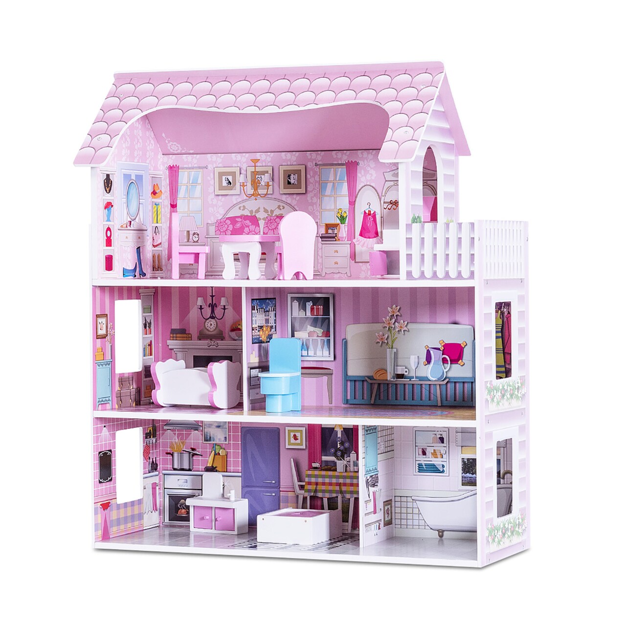 28 Pink Dollhouse W/ Furniture Gliding Elevator Rooms 3 Levels Young Girls Toy